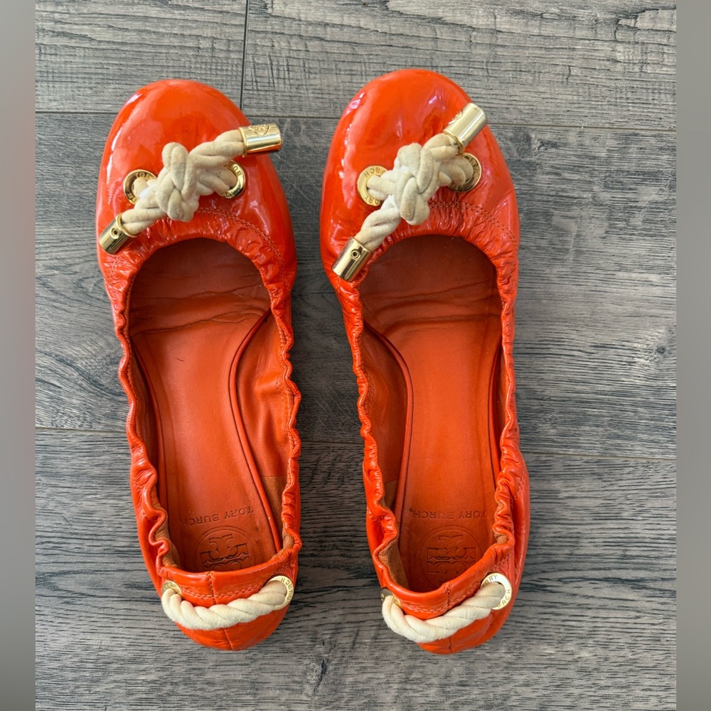 Tory Burch flats Mestico Reese Womens 7 M Orange Tassels patent leather